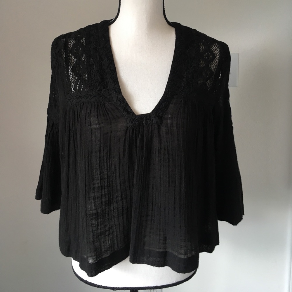 Free People Black Lace Boho Top / Size Small